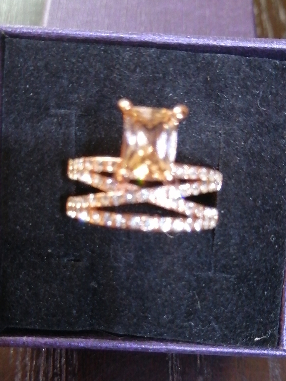 Rose Gold Tone Champagne Central And Clear Crystals Ring Size 7